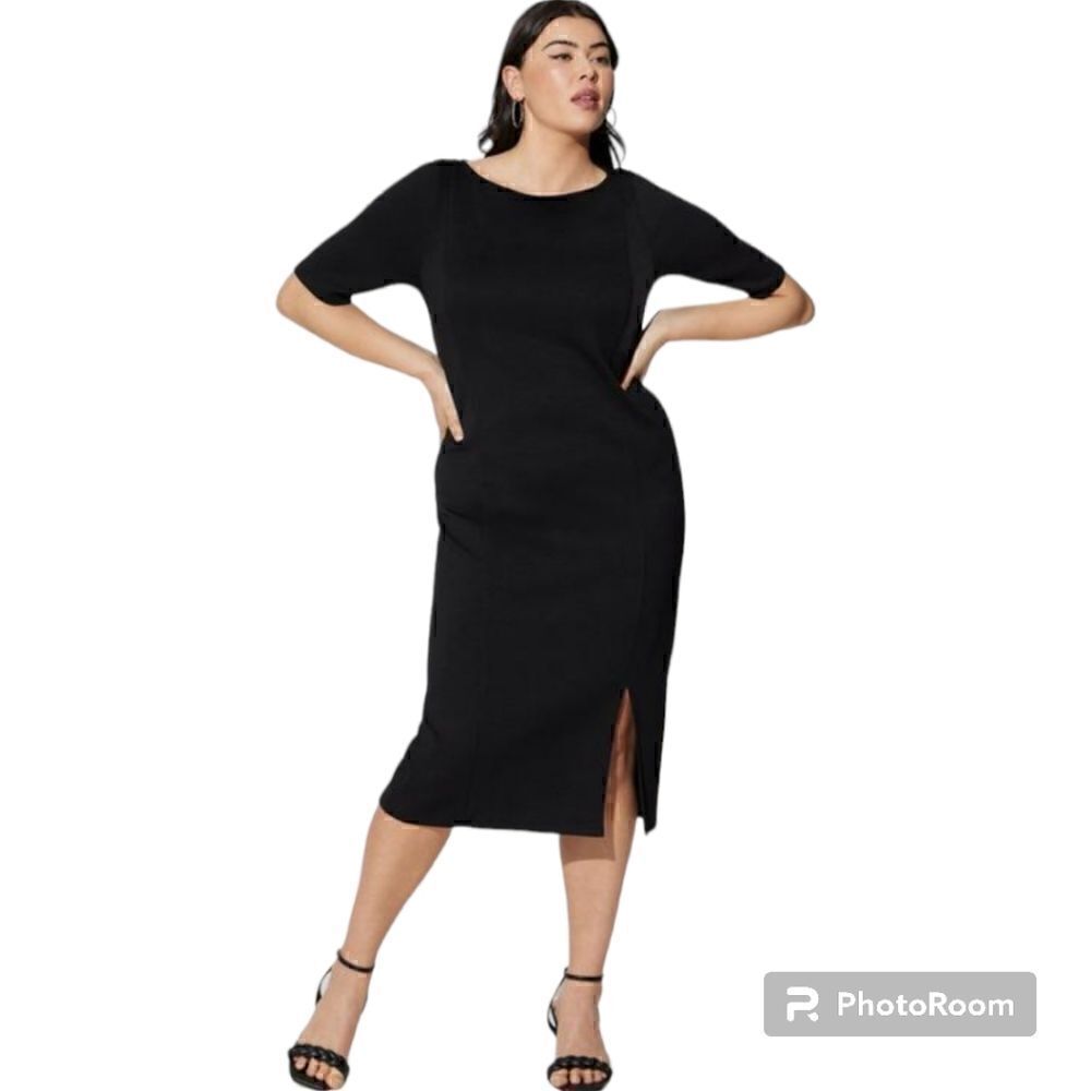 5X 28W Torrid Black Bodycon Dress Short Sleeve Slit Stretch Cupro Knit Midi Crew
